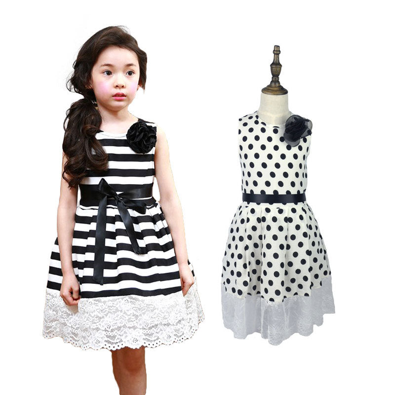 Girl Dress Chiffon Black and White Contrast Color Sleeveless Flower Lace Stitching Dress