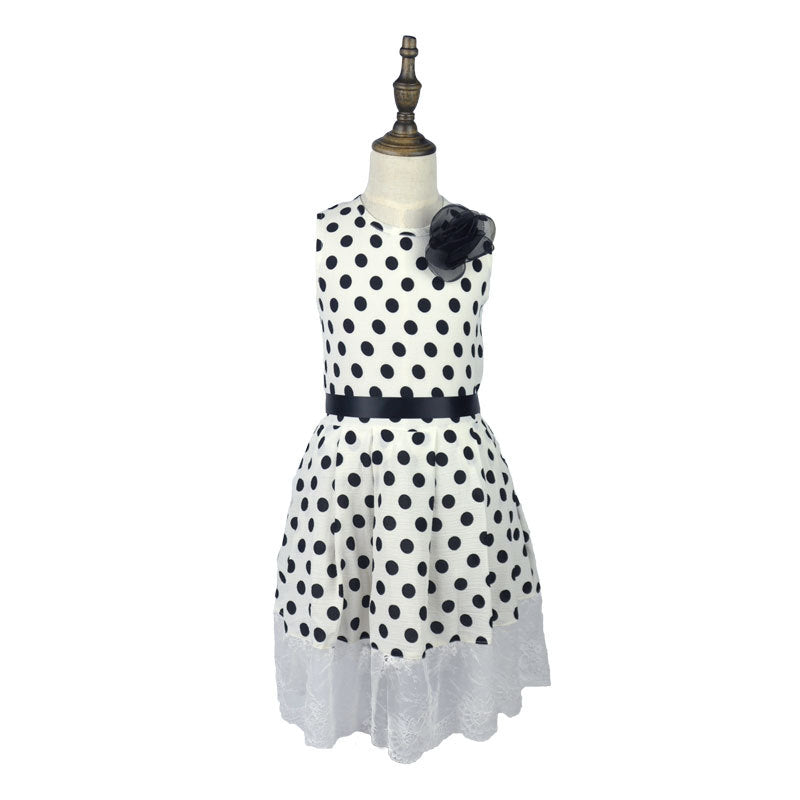 Girl Dress Chiffon Black and White Contrast Color Sleeveless Flower Lace Stitching Dress