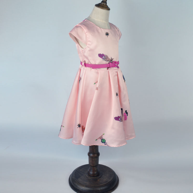 Girl Dress Printed Half Sleeve Princess Dress with Belt