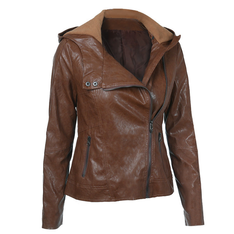 Cute Leather Jacket Fashion Hooded Long Sleeve Solid Color Leather Jacket Coat PU Leather Coat
