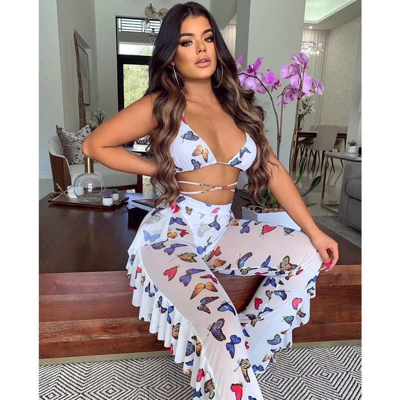 Women Rave Outfits Tops Sexy Digital Swimsuit Mesh Two-Piece Set