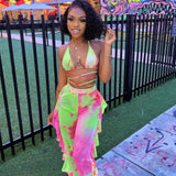Women Rave Outfits Tops Sexy Digital Swimsuit Mesh Two-Piece Set