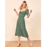 Milkmaid Square Collar Summer Short Sleeve Waist-Tight Seaside Holiday Floral Midi Dress