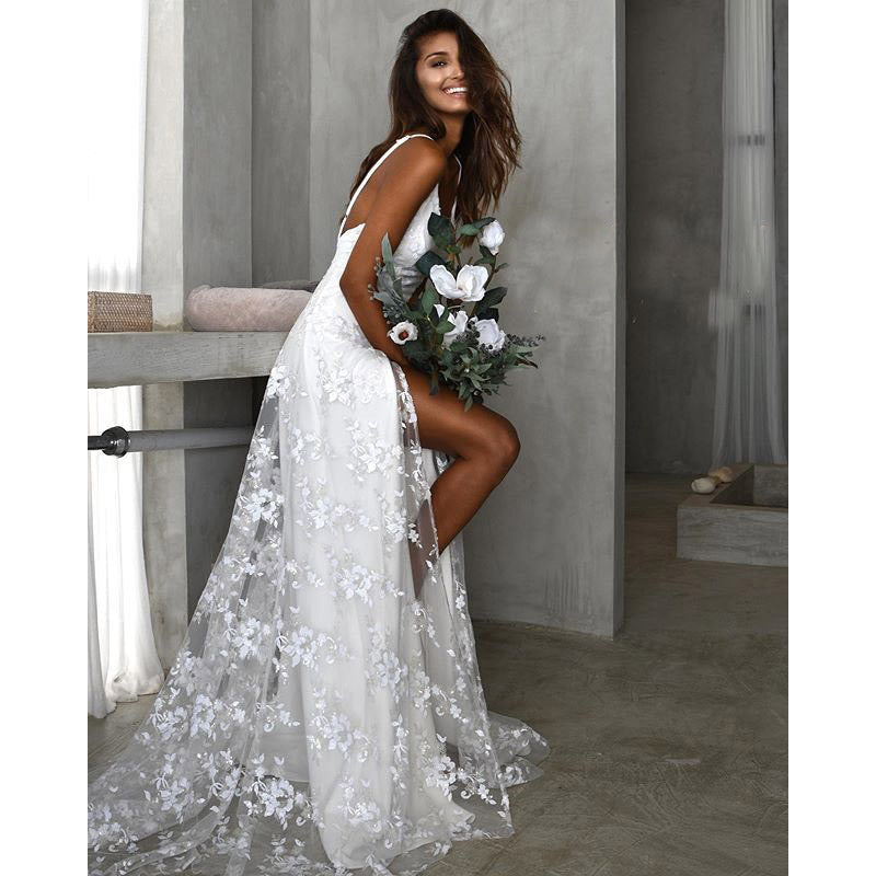 Women Lace Wedding Dress Women Dress Sexy V-neck Strap Lace Dress