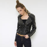 Leather Biker Coat Golden Leather Jacket Women Pu Jackets Rock Lapel Punk Rivet Jacket