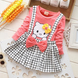 Girl Dress Spring and Autumn Strap Plaid Cute Cartoon Cat Bow Long Sleeve Dress