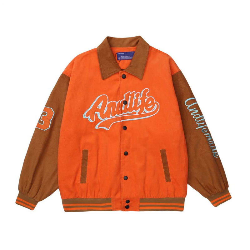 Orange Varsity Jacket Letter Embroidery Contrast Color Stitching Jacket Coat Men's Fall Lapels Baseball Uniform
