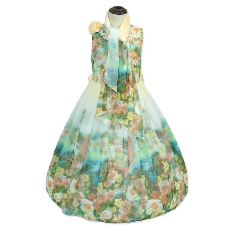 Girl Dress Summer Children's Bohemian Flower Chiffon Printed Vest Dress