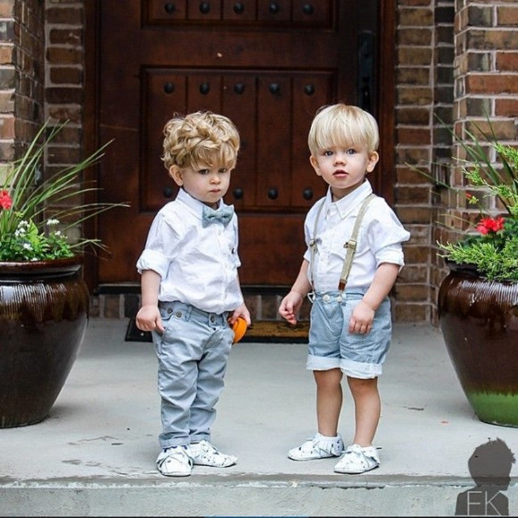 Children Boy Co Ord Spring Children's Bow Tie Shirt Shoulder Strap Jeans 2 Piece Set