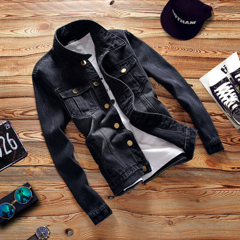 Denim Varsity Jacket Men's Denim Jacket Spring and Autumn Youth Slim-Fit Casual Coat Men's Clothing
