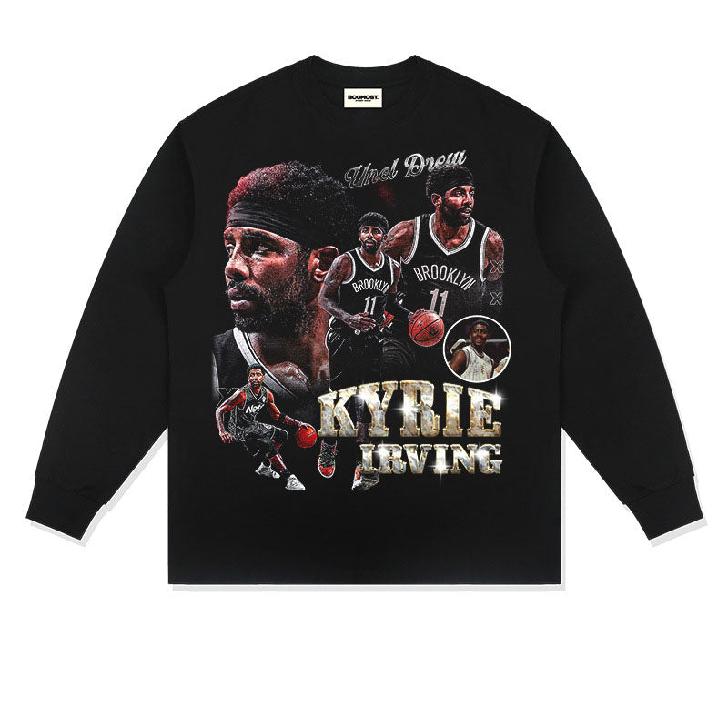 Kyrie Irving Shirt Kyrie Irving Printed Heavy Vintage Distressed Long Sleeve Loose Cotton Crew Neck
