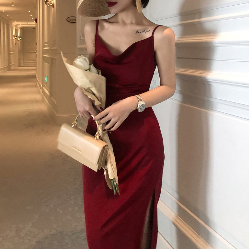 Satin Dress French Retro Sour Silk Satin Red Slip Women'S Waist Slimming Elegant Spring And Summer Little Red Dress Long Dress