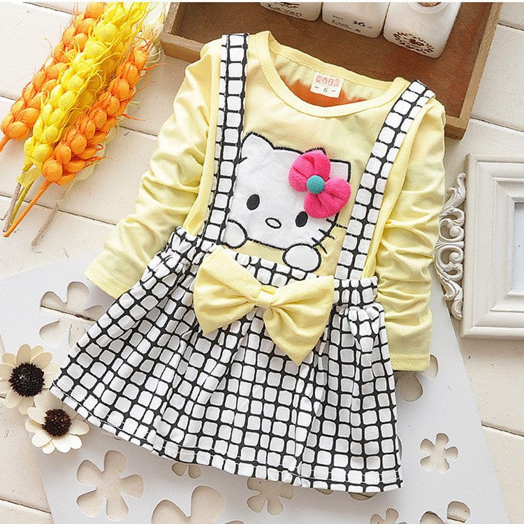 Girl Dress Spring and Autumn Strap Plaid Cute Cartoon Cat Bow Long Sleeve Dress