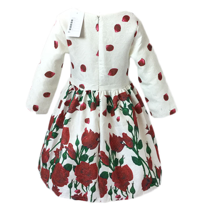 Girl Dress Autumn Long Sleeve Roses on a White Background Printed Princess Dress