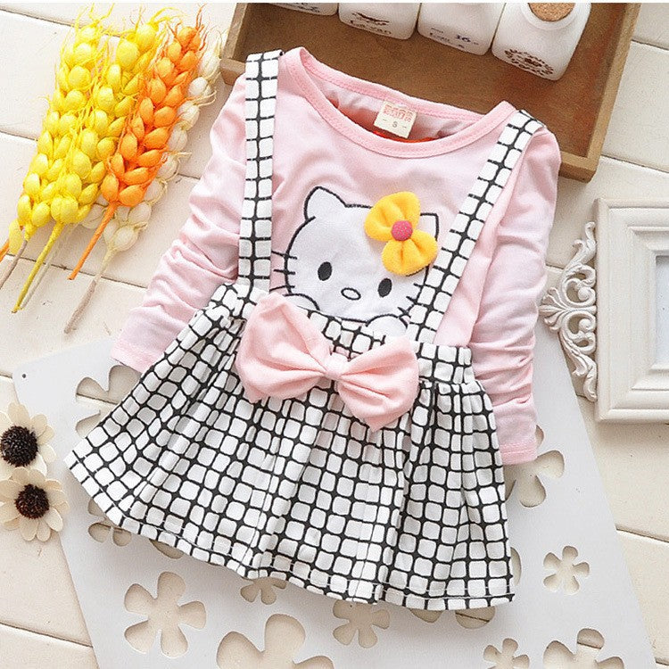 Girl Dress Spring and Autumn Strap Plaid Cute Cartoon Cat Bow Long Sleeve Dress