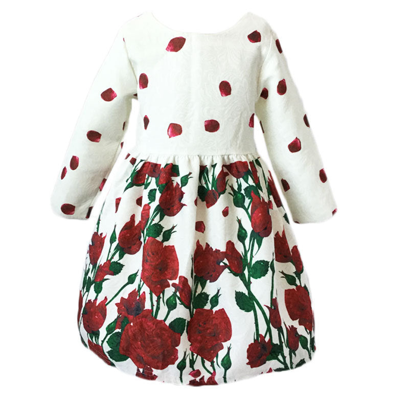 Girl Dress Autumn Long Sleeve Roses on a White Background Printed Princess Dress
