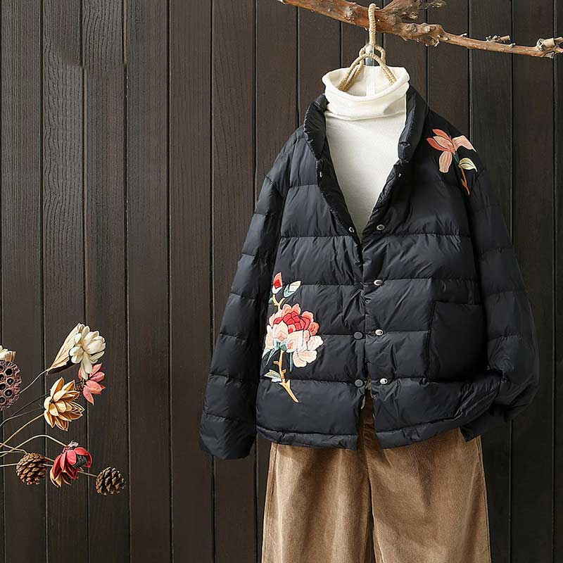 Women Winter Coats Puffer Jacket Down Coat White Duck Down Embroidered Down Jacket Solid Color Stand-up Collar Thermal Coat