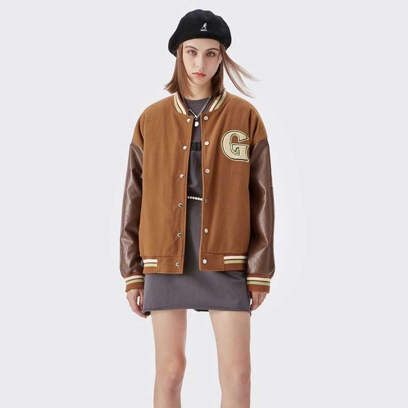 Brown Varsity Jacket I Autumn Retro Patchwork Leather Sleeve Letter Baseball Uniform Jacket