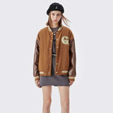 Brown Varsity Jacket I Autumn Retro Patchwork Leather Sleeve Letter Baseball Uniform Jacket