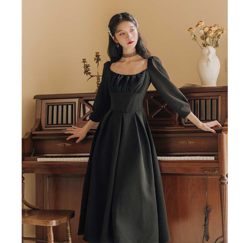 Early Autumn Court Waist Dress Small Black Dress Party Black Retro Vintage Cottagecore Aesthetic Flowy Victoria Cottage Core Dress
