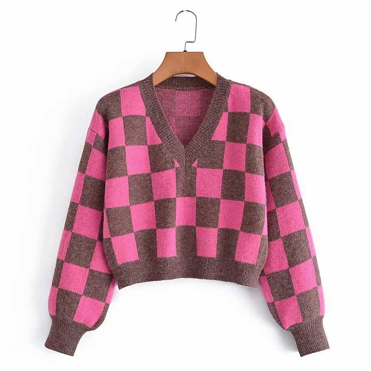 Women Fall Fall Plaid Contrast Color V-neck Pullover Sweater Short Top