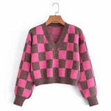 Women Fall Fall Plaid Contrast Color V-neck Pullover Sweater Short Top