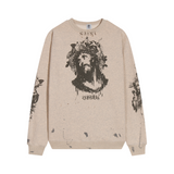 Saint Michael Hoodie Retro Distressed Destroyed Jesus Printed Crew Neck Sweatshirt Loose