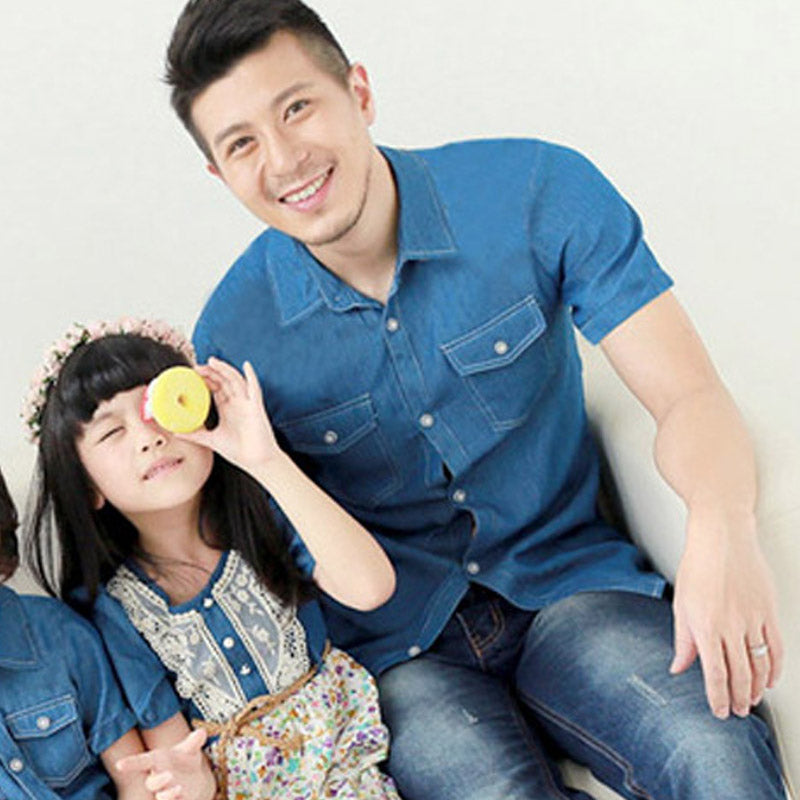 Father Son Matching Dress Shirts Summer Denim Shirt Casual Fashionable