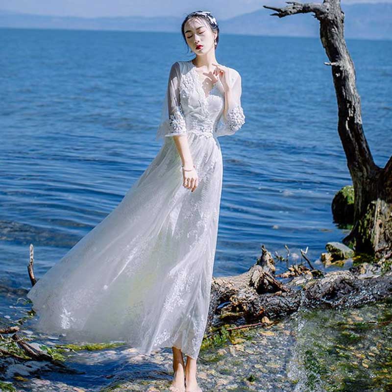 White Backless Dress Seaside Vacation Dress Summer Bohemia Retro Vintage Cottagecore Aesthetic Flowy Victoria Cottage Core Boho Dress