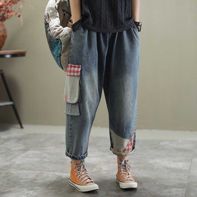 Women Patchwork Jeans Vintage Washed Loose Jeans Casual Women