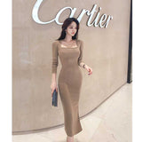 Milkmaid Dress Solid Color Square Collar Long Sleeve High Waist Bodycon Dress Sheath Split Long Dress