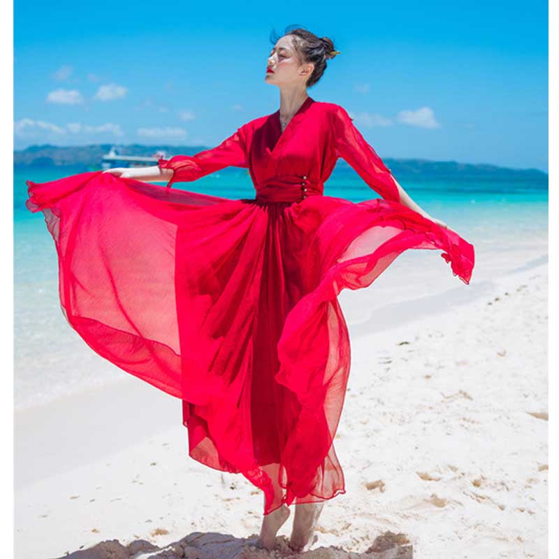 Spring and Summer Red Dress Vintage Holiday Bohemian Dress Bohemia Retro Vintage Cottagecore Aesthetic Flowy Victoria Cottage Core Boho Dress