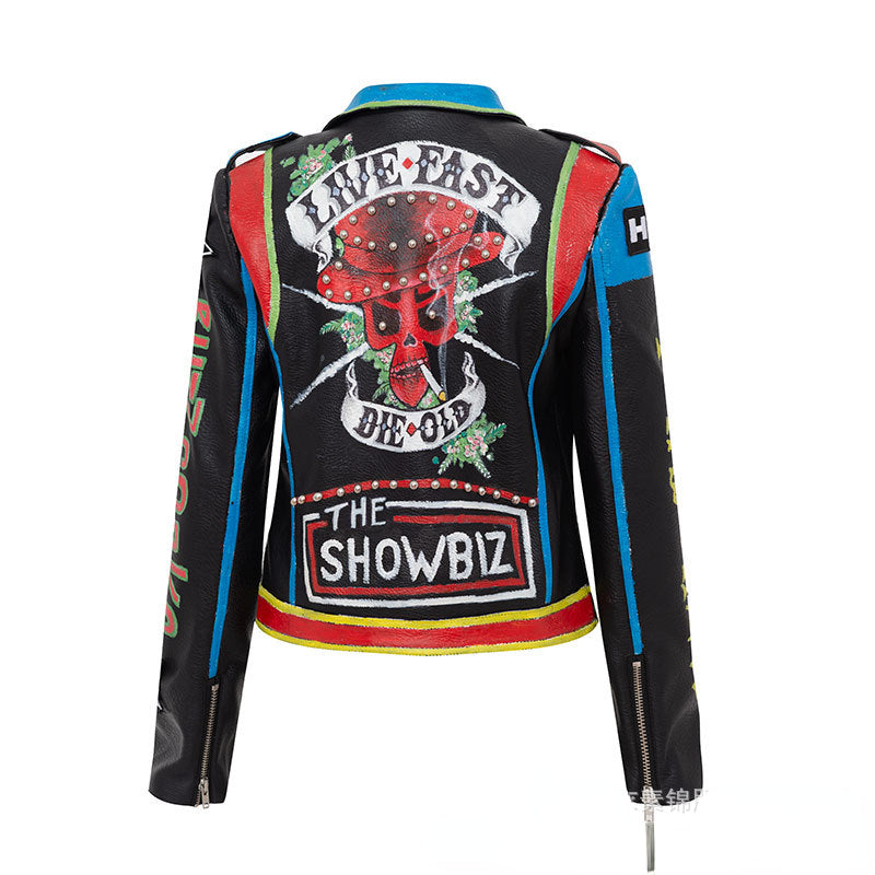 Punk Rock Jacket Printed Rivets Short Punk Motorcycle Clothing Leather Coat for Women