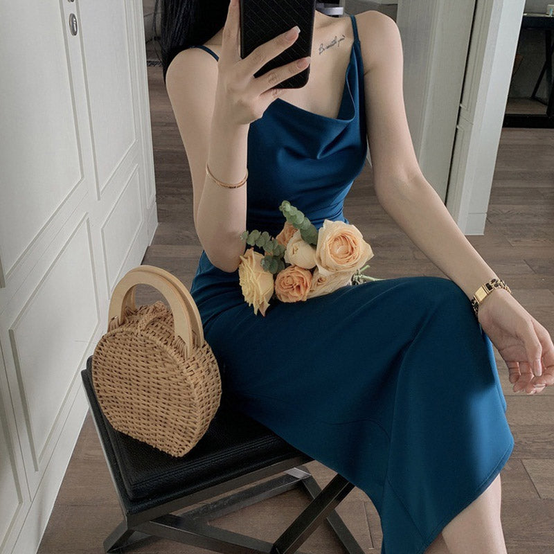 Satin Dress Summer Dress Sexy Temperament Drape Satin Swing Collar Dress