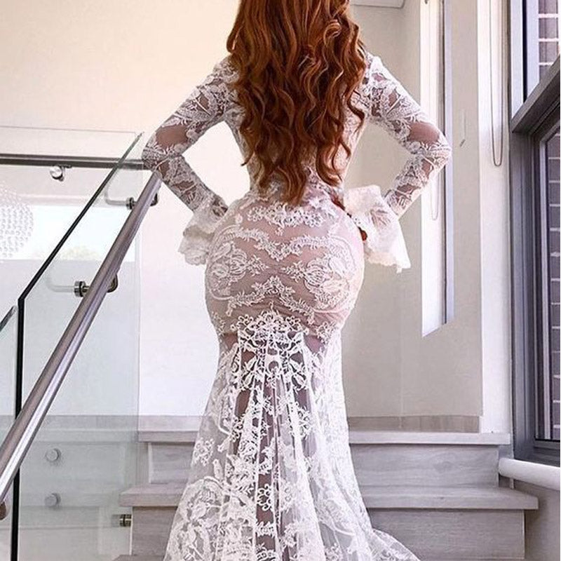 See through Wedding Dress Sexy Deep V Lace Split Fishtail Dress Long Skirt