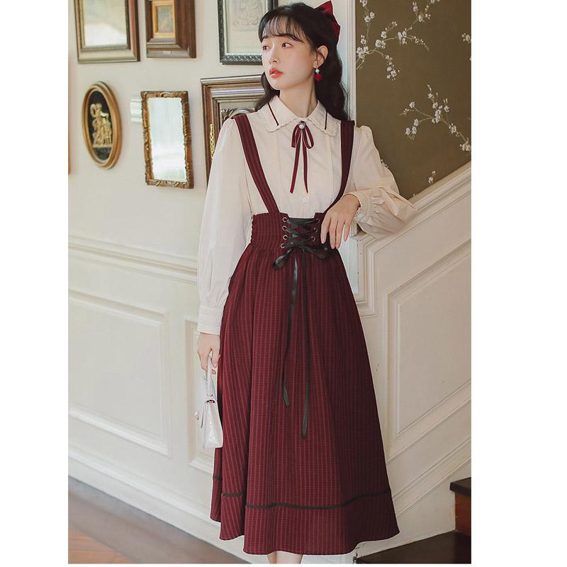Vintage Long Sleeve Shirt & Suspender Skirt Two-Piece Set Cottagecore Outfit