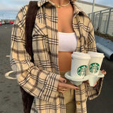 Women Fall Fall Retro Plaid Loose Shoulder Woolen Workwear Shirt Coat