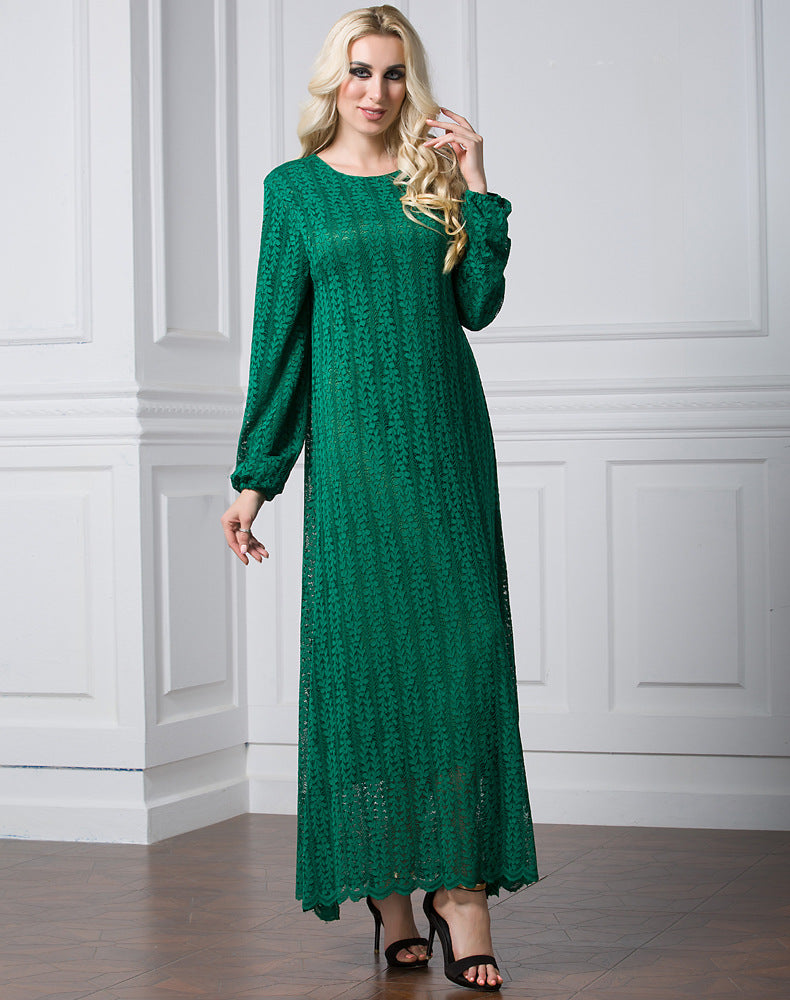 Muslim Women Stylish Kashibo Abaya Muslim Ladies Long Gown Islamic Clothing Jilbab Jalabiya Long Sleeve Round Neck Fashion Lace Dress