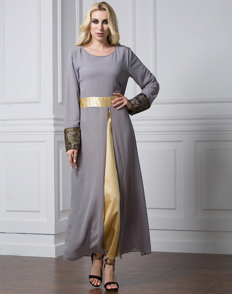 Muslim Women Stylish Kashibo Abaya Muslim Ladies Long Gown Islamic Clothing Jilbab Jalabiya Fashion Chiffon Stitching Long Sleeve Dress