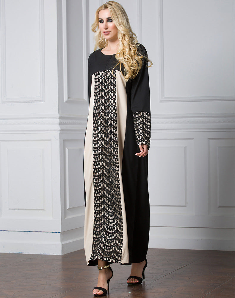 Muslim Women Stylish Kashibo Abaya Muslim Ladies Long Gown Islamic Clothing Jilbab Jalabiya Fashion Lace Stitching Long Sleeve Dress