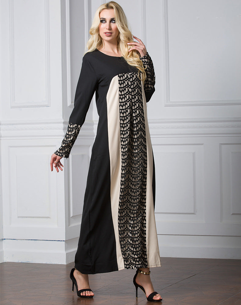 Muslim Women Stylish Kashibo Abaya Muslim Ladies Long Gown Islamic Clothing Jilbab Jalabiya Fashion Lace Stitching Long Sleeve Dress