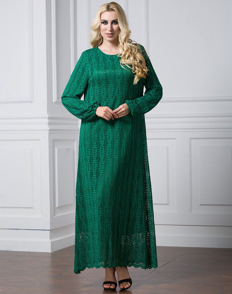 Muslim Women Stylish Kashibo Abaya Muslim Ladies Long Gown Islamic Clothing Jilbab Jalabiya Long Sleeve Round Neck Fashion Lace Dress