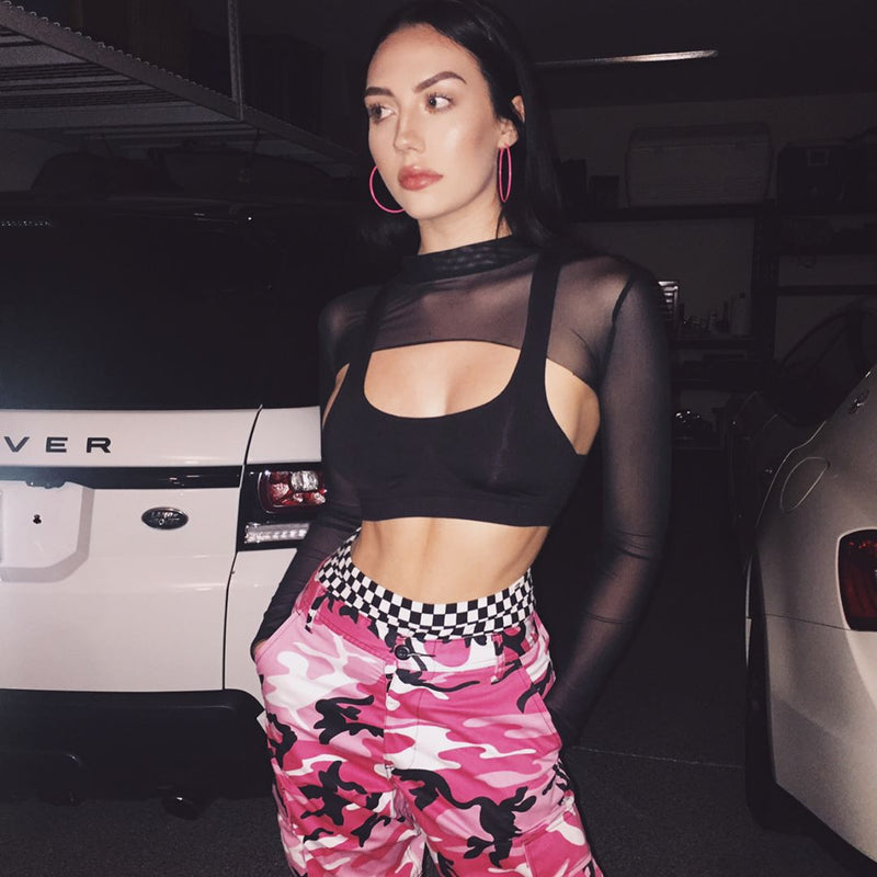 Women Rave Outfits Tops See-through Mesh Tops Spring and Summer round Neck Bottoming Shirt