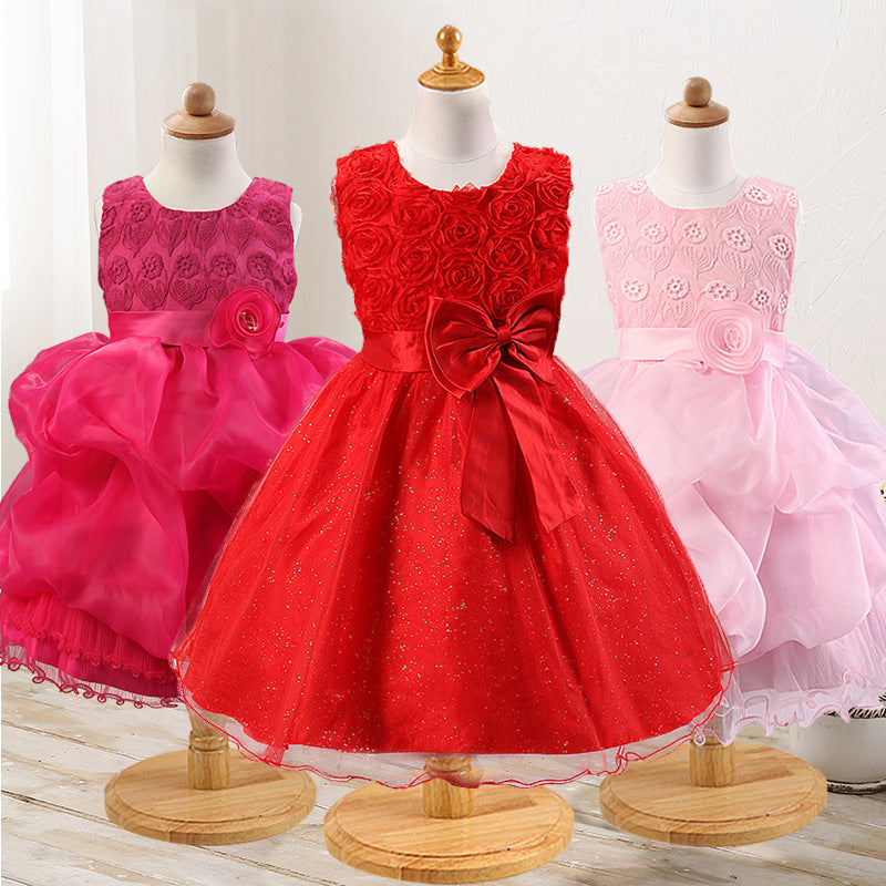 Toddler Girls Sequin Gown Dress Girls' Skirts Princess Dress with Corsage Color Net Dress Performance