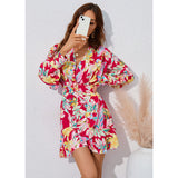 Nina Parker Graffiti Dress Flowers Print Waist-Controlled Long Sleeves Dress Skirt
