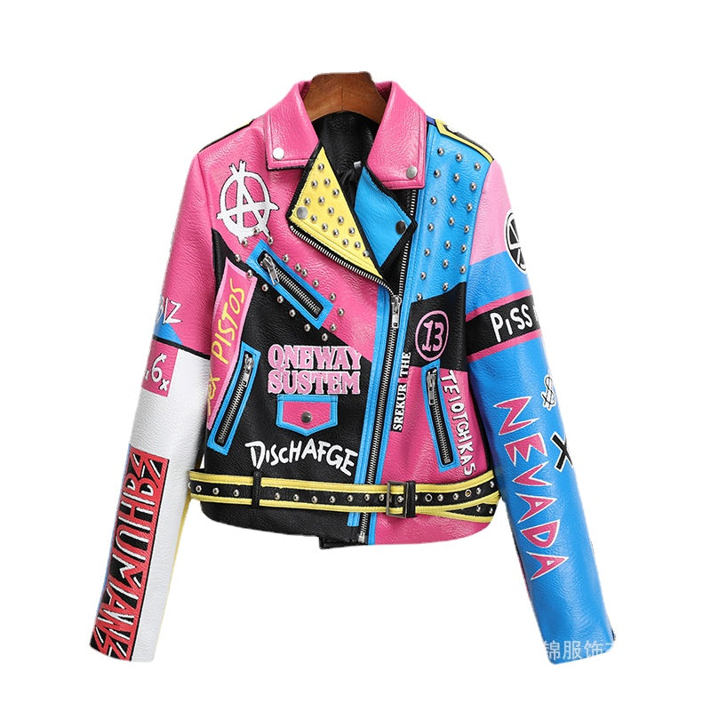 Punk Rock Jacket Contrast Color Rivets Motorcycle Clothing Female