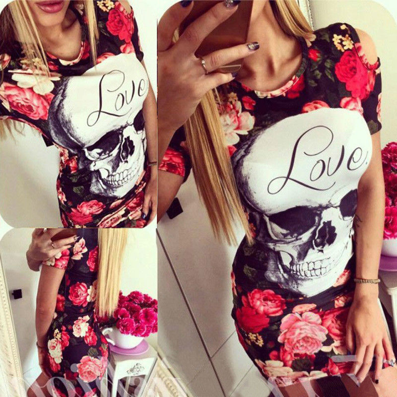 Skull Dress Printed Sheath Slim-Fit Mini Dress