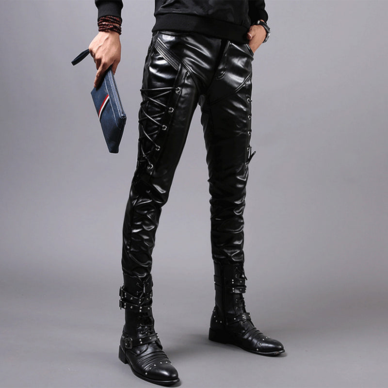Men Leather Pants Autumn and Winter New Slim-Fitting Biker Feet Pu Stitching Leather Pants