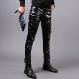 Men Leather Pants Autumn and Winter New Slim-Fitting Biker Feet Pu Stitching Leather Pants