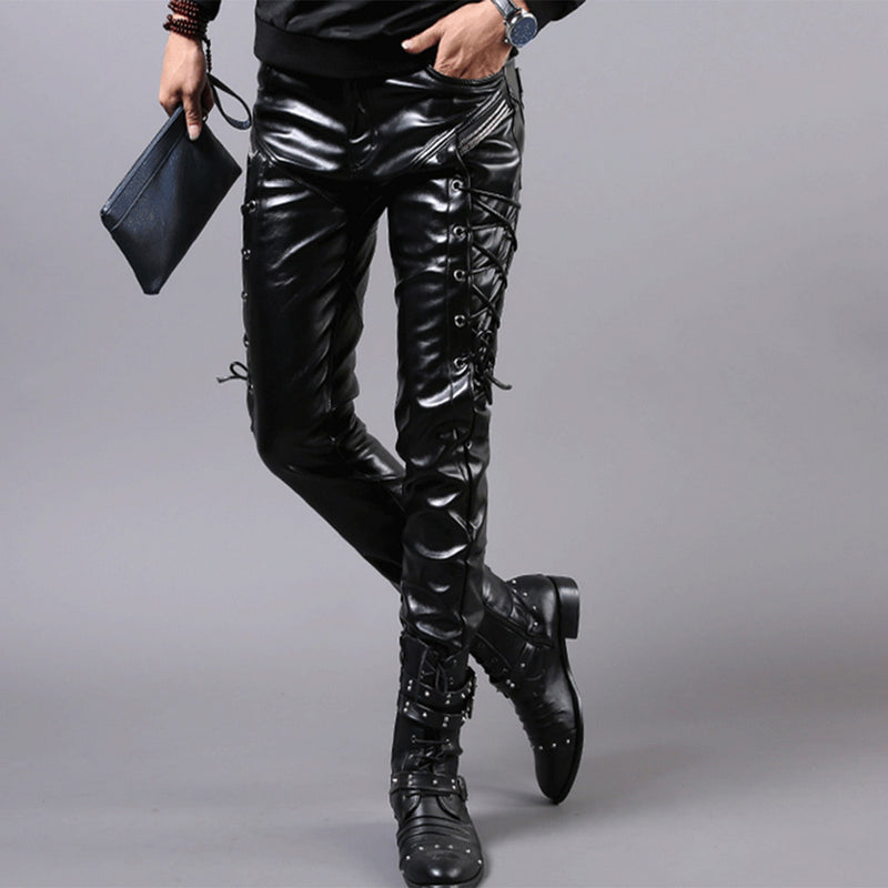 Men Leather Pants Autumn and Winter New Slim-Fitting Biker Feet Pu Stitching Leather Pants
